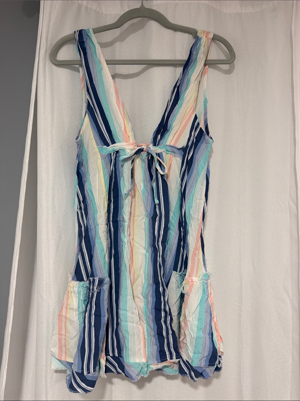 Striped V-Neck Tie-Front Sundress in Navy & Pastels